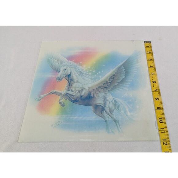 Vintage 1980's Framed‎ Glass Unicorn Pegasus Mirror Carnival Prize 12" Square - Picture 11 of 11